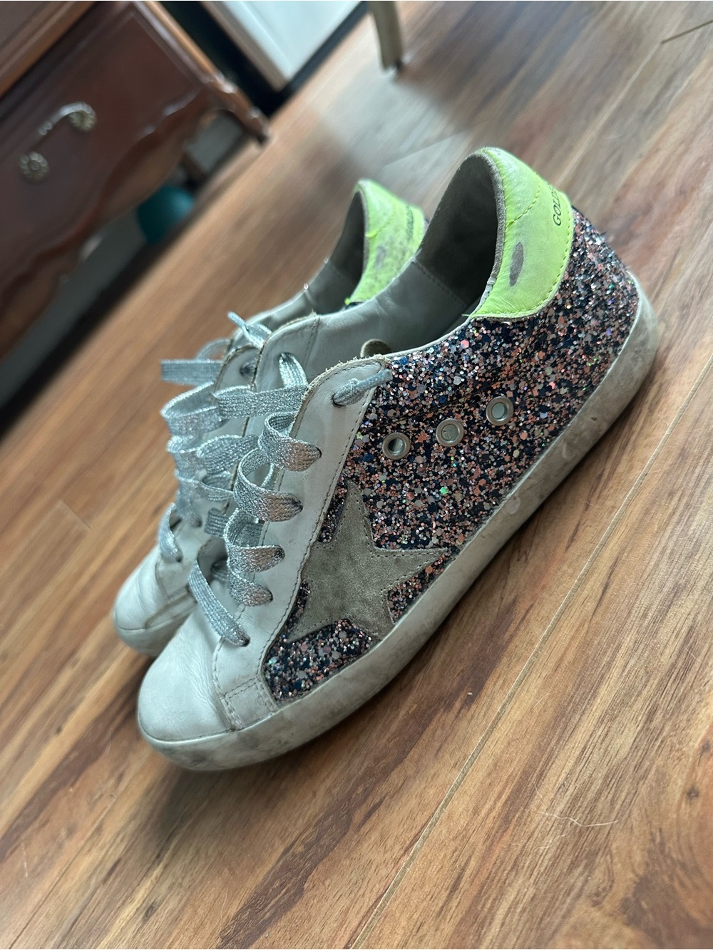Golden goose superstar Glitter Sneakers in Silver and Neon Green